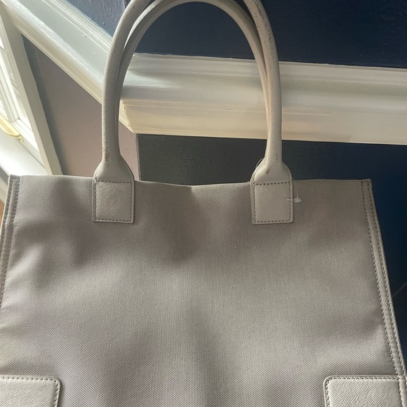 Tory Burch Light Gray logo Canvas Tote Bag authentic EUC!! Neutral - Picture 3 of 16